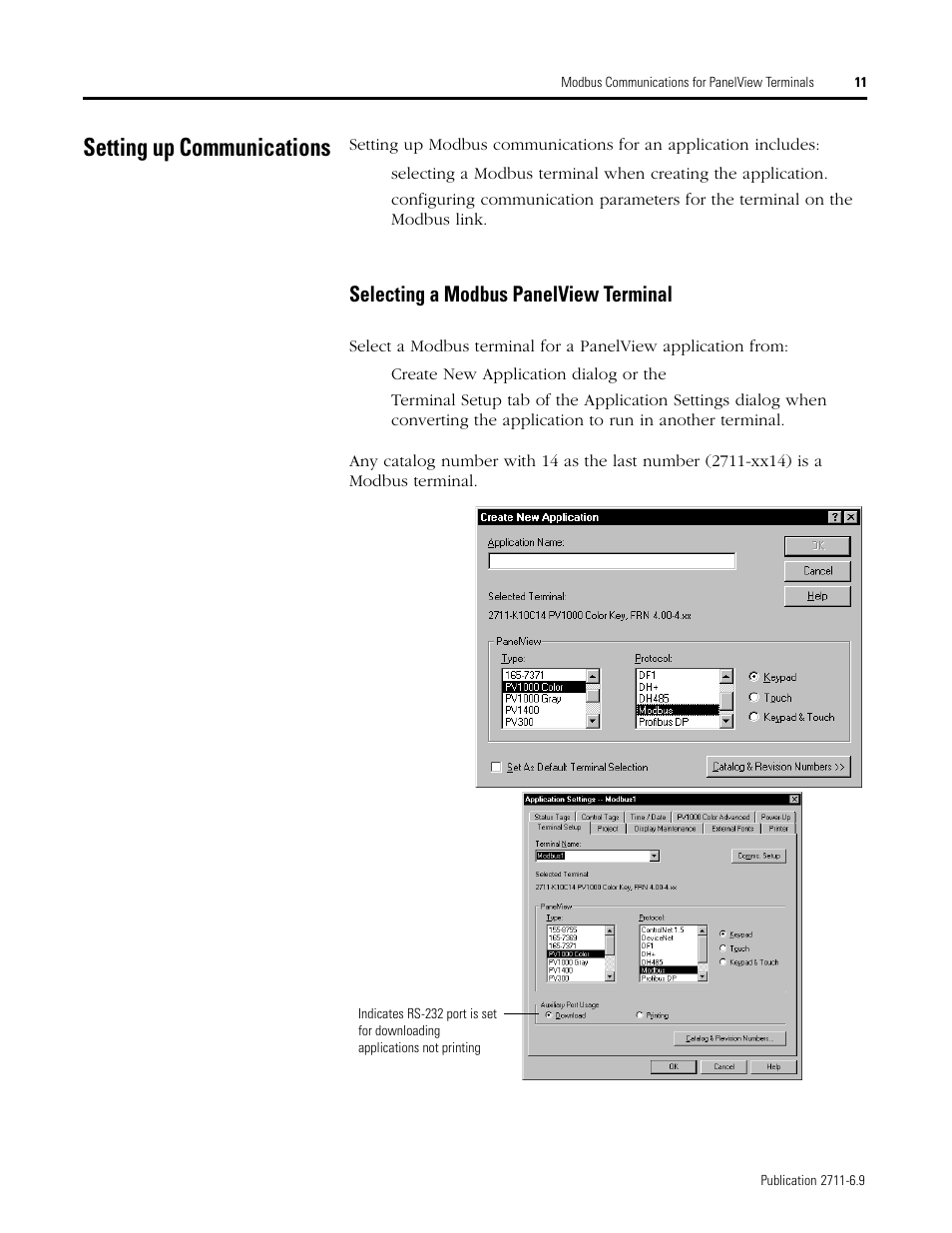 Setting up communications, Selecting a modbus panelview terminal | Rockwell Automation 2711 MODBUS COMMUNICATIONS FOR PANELVIEW TERMINALS User Manual | Page 11 / 24