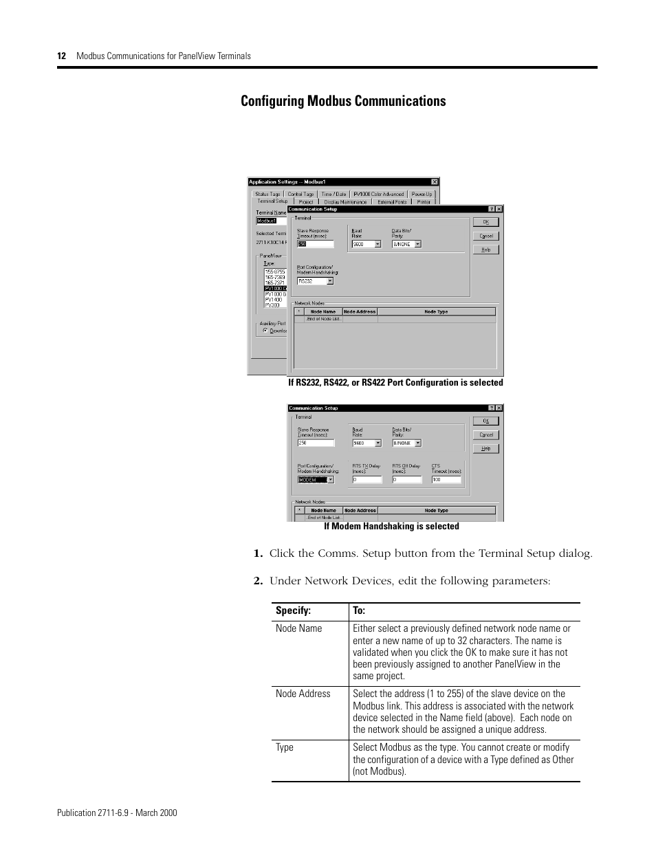 Configuring modbus communications | Rockwell Automation 2711 MODBUS COMMUNICATIONS FOR PANELVIEW TERMINALS User Manual | Page 12 / 24