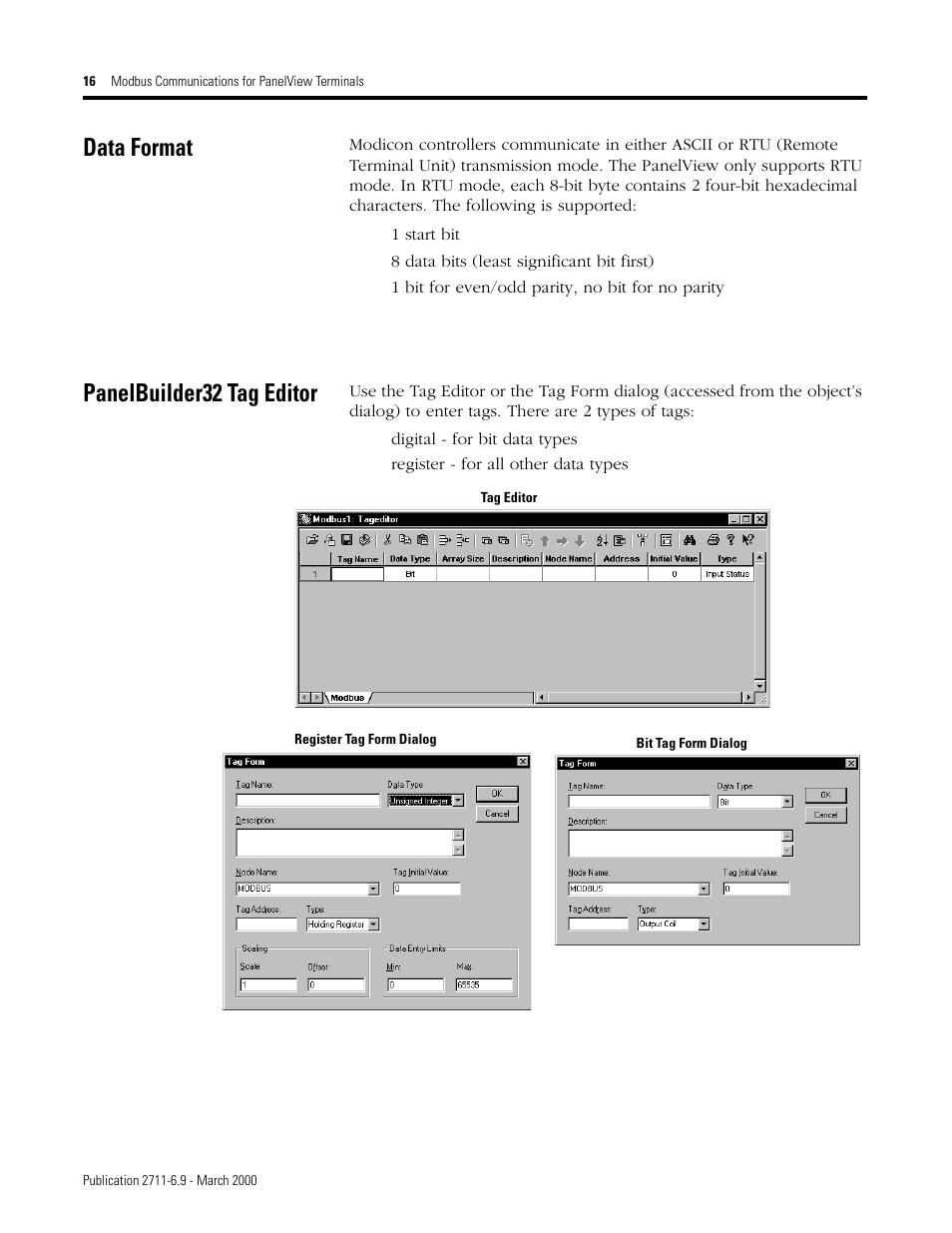 Data format, Panelbuilder32 tag editor | Rockwell Automation 2711 MODBUS COMMUNICATIONS FOR PANELVIEW TERMINALS User Manual | Page 16 / 24