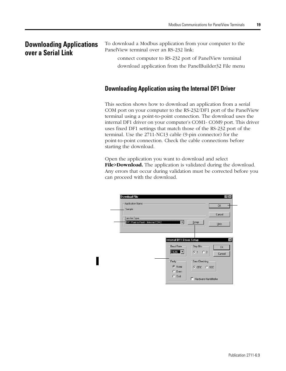 Downloading applications over a serial link | Rockwell Automation 2711 MODBUS COMMUNICATIONS FOR PANELVIEW TERMINALS User Manual | Page 19 / 24