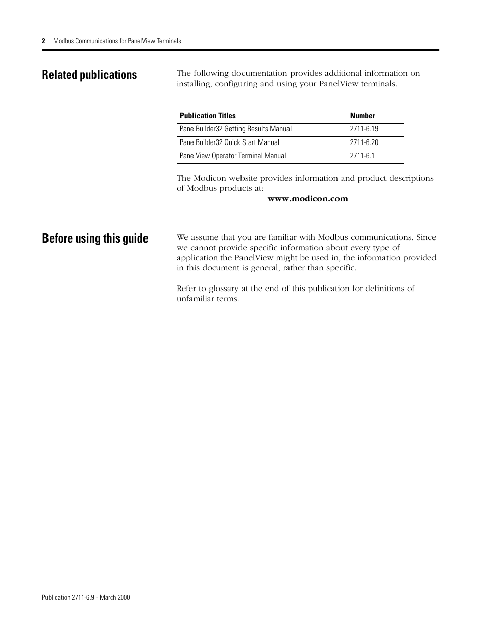 Related publications, Before using this guide | Rockwell Automation 2711 MODBUS COMMUNICATIONS FOR PANELVIEW TERMINALS User Manual | Page 2 / 24