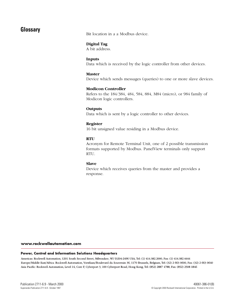 Glossary, Back cover | Rockwell Automation 2711 MODBUS COMMUNICATIONS FOR PANELVIEW TERMINALS User Manual | Page 24 / 24