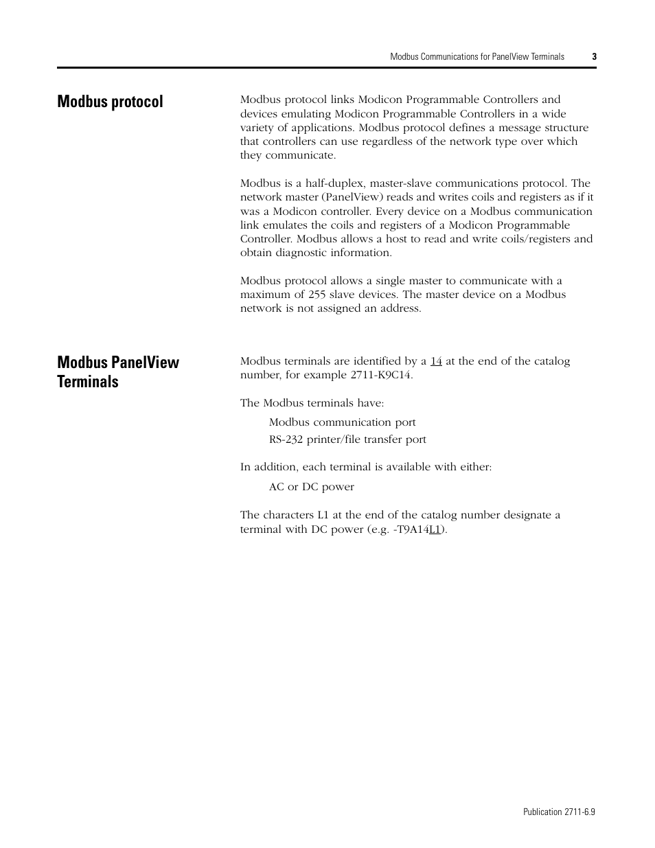 Modbus protocol, Modbus panelview terminals | Rockwell Automation 2711 MODBUS COMMUNICATIONS FOR PANELVIEW TERMINALS User Manual | Page 3 / 24