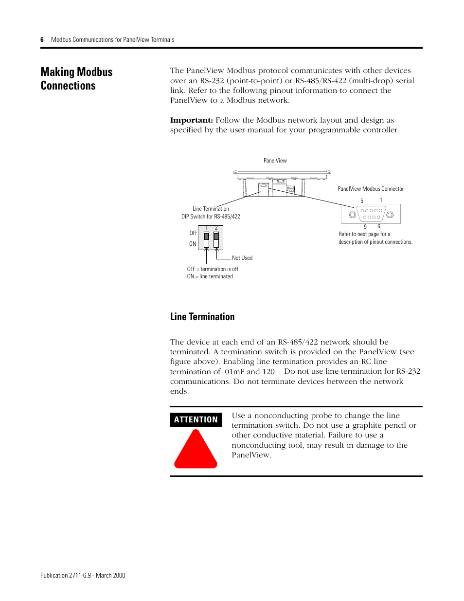 Making modbus connections, Line termination | Rockwell Automation 2711 MODBUS COMMUNICATIONS FOR PANELVIEW TERMINALS User Manual | Page 6 / 24