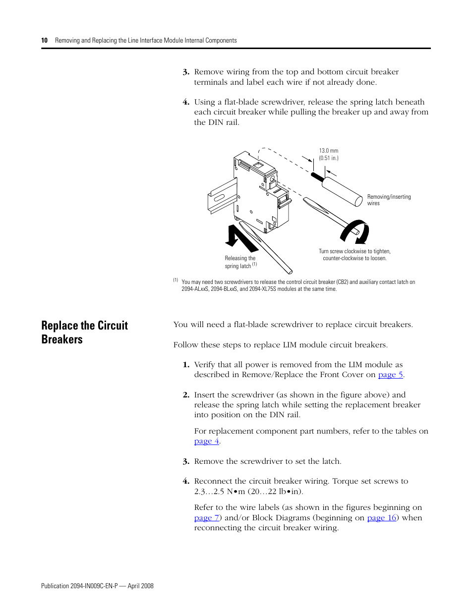 Replace the circuit breakers | Rockwell Automation 2094 LIM Remove/Replace Internal Components User Manual | Page 10 / 24