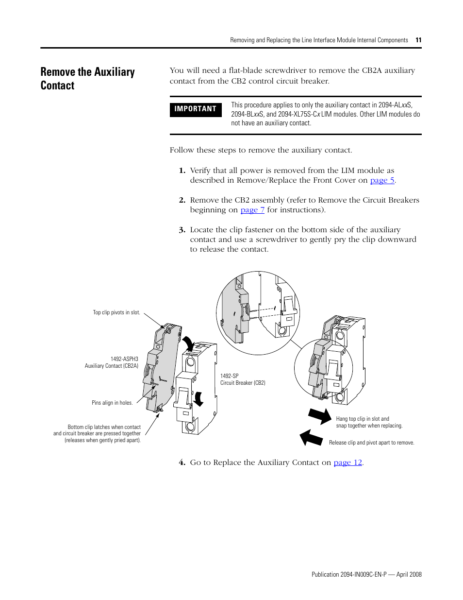 Remove the auxiliary contact | Rockwell Automation 2094 LIM Remove/Replace Internal Components User Manual | Page 11 / 24