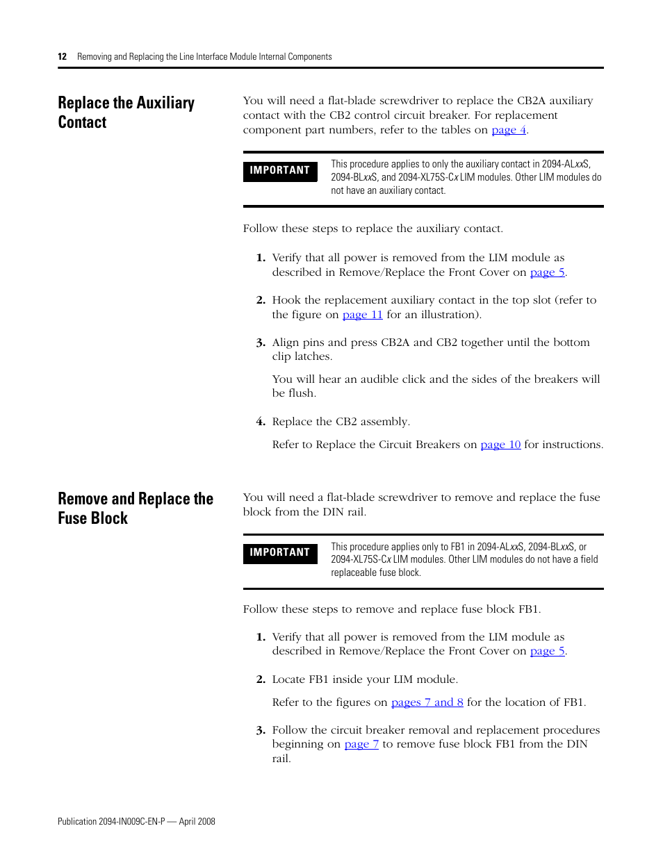 Replace the auxiliary contact, Remove and replace the fuse block, To replace the auxiliary contact on | Rockwell Automation 2094 LIM Remove/Replace Internal Components User Manual | Page 12 / 24