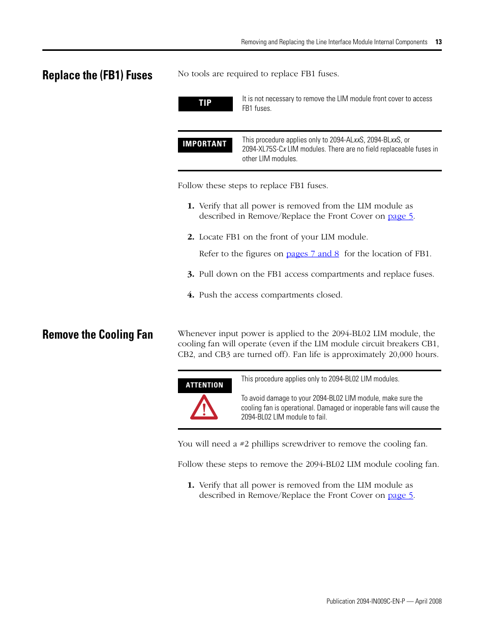 Replace the (fb1) fuses, Remove the cooling fan | Rockwell Automation 2094 LIM Remove/Replace Internal Components User Manual | Page 13 / 24