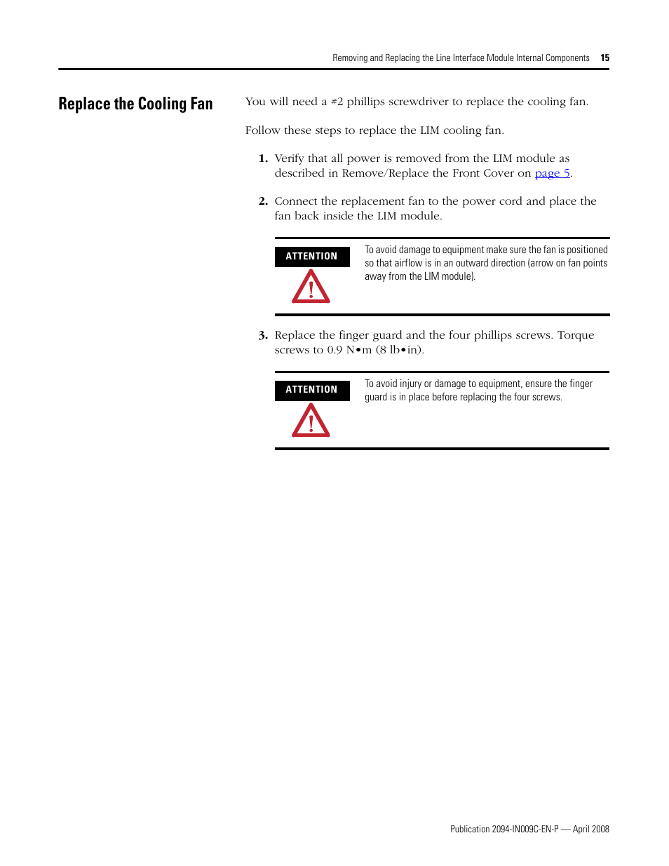 Replace the cooling fan, To replace the cooling fan | Rockwell Automation 2094 LIM Remove/Replace Internal Components User Manual | Page 15 / 24