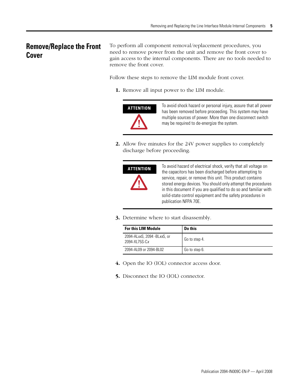 Remove/replace the front cover | Rockwell Automation 2094 LIM Remove/Replace Internal Components User Manual | Page 5 / 24