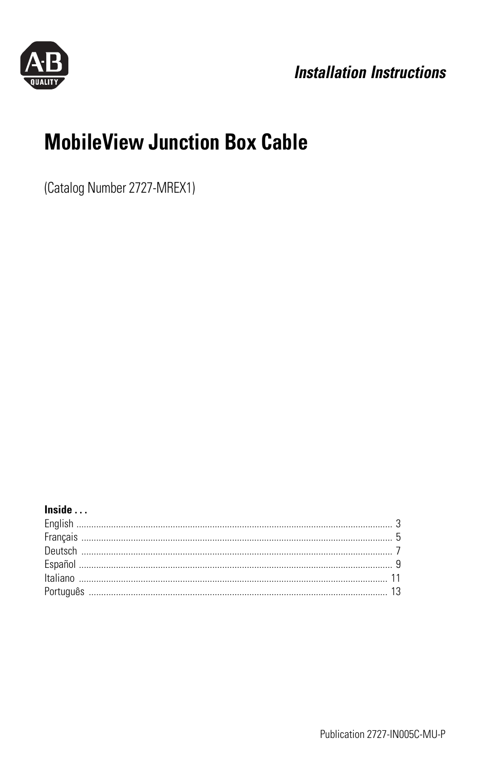 Rockwell Automation 2727-MREX1 MobileView Junction Box Cable Installation Instructions User Manual | 16 pages