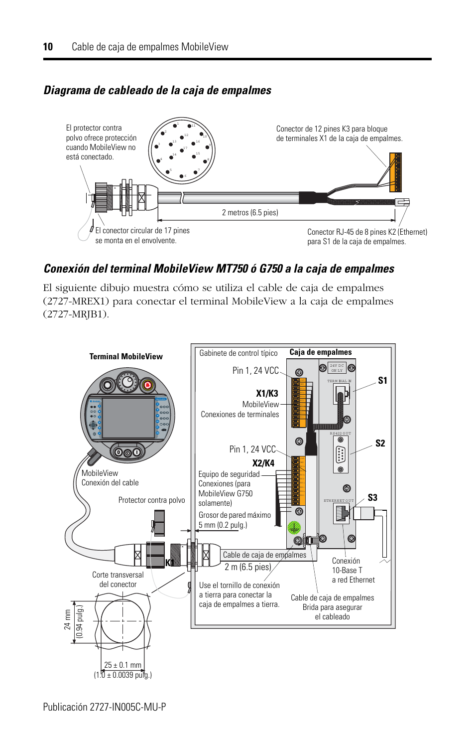 Diagrama de cableado de la caja de empalmes, X1/k3, X2/k4 | Pin 1, 24 vcc, Cable de caja de empalmes | Rockwell Automation 2727-MREX1 MobileView Junction Box Cable Installation Instructions User Manual | Page 10 / 16