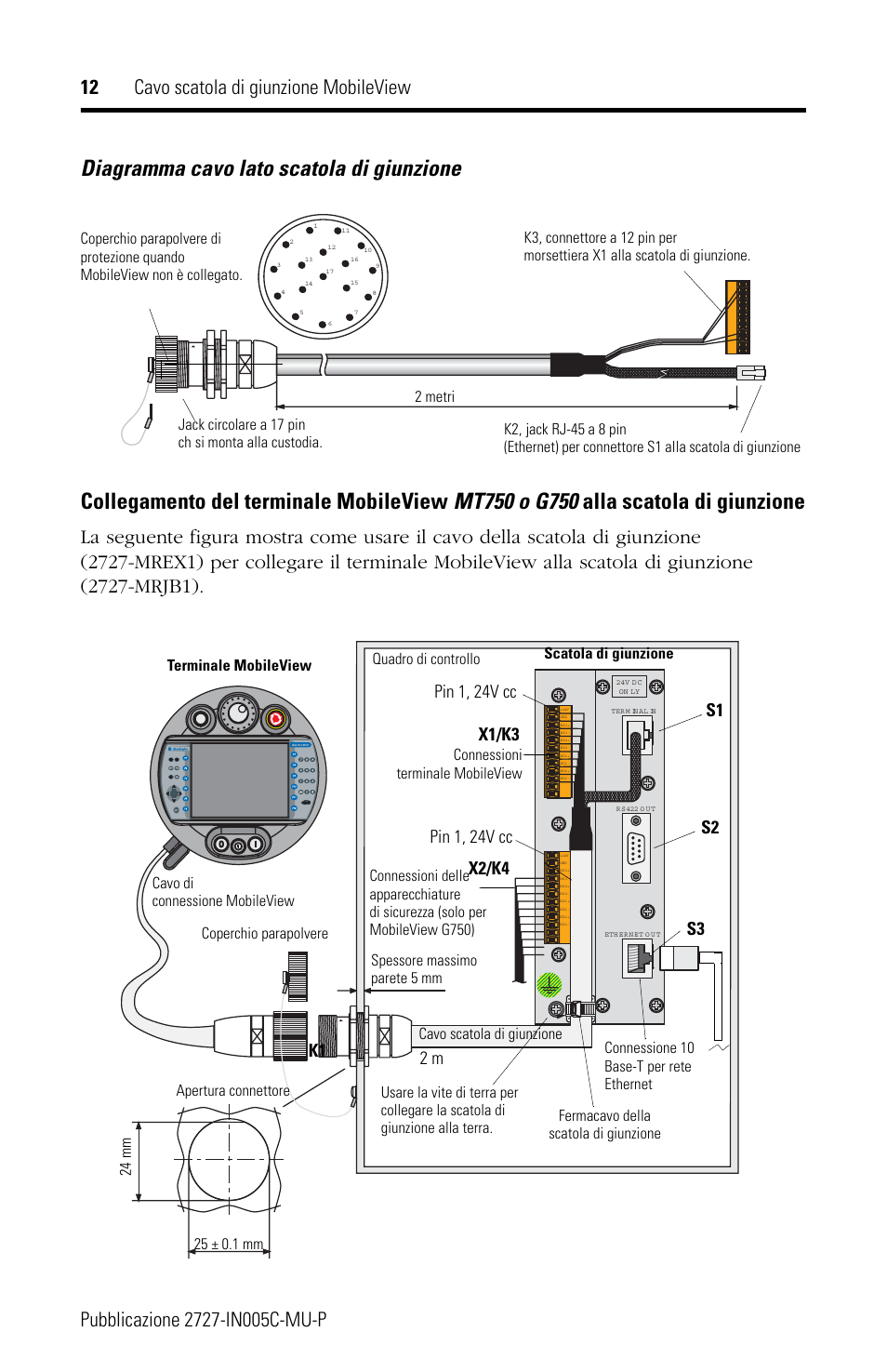 Diagramma cavo lato scatola di giunzione, X1/k3, X2/k4 | Pin 1, 24v cc, X1/k3 2 m, Cavo scatola di giunzione | Rockwell Automation 2727-MREX1 MobileView Junction Box Cable Installation Instructions User Manual | Page 12 / 16