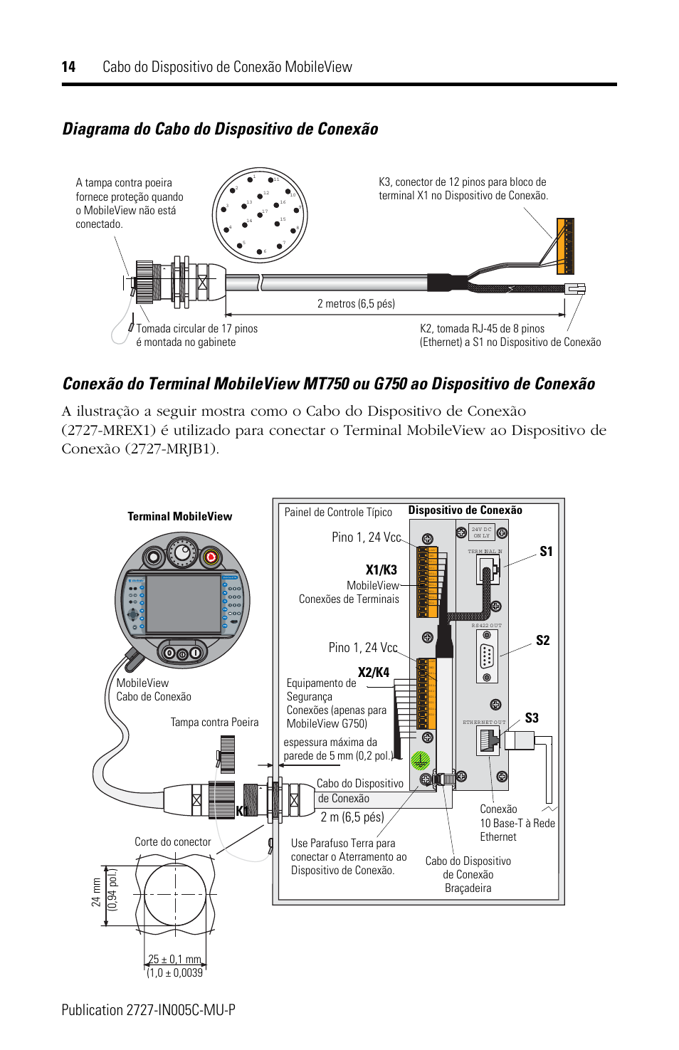 Diagrama do cabo do dispositivo de conexão, X1/k3, X2/k4 | Pino 1, 24 vcc, De conexão, Cabo do dispositivo | Rockwell Automation 2727-MREX1 MobileView Junction Box Cable Installation Instructions User Manual | Page 14 / 16