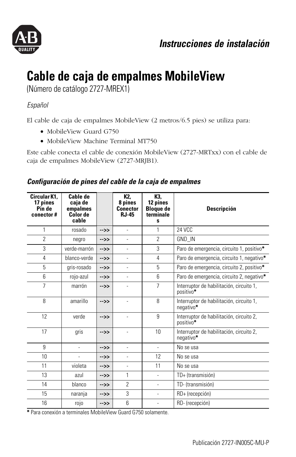 Español, Cable de caja de empalmes mobileview, Instrucciones de instalación | Rockwell Automation 2727-MREX1 MobileView Junction Box Cable Installation Instructions User Manual | Page 9 / 16