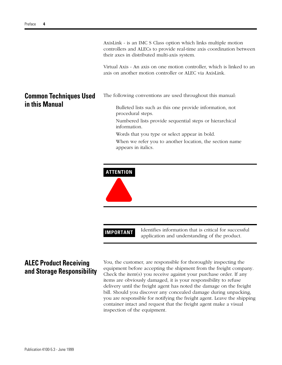 Common techniques used in this manual, Alec product receiving and storage responsibility | Rockwell Automation 4100 ALEC AXIS LINK ENCODER CONVERTER User Manual | Page 12 / 61