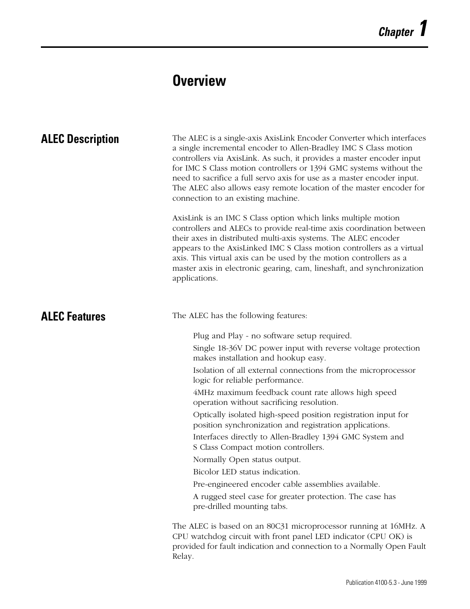 Overview, Chapter, Alec description | Alec features | Rockwell Automation 4100 ALEC AXIS LINK ENCODER CONVERTER User Manual | Page 15 / 61
