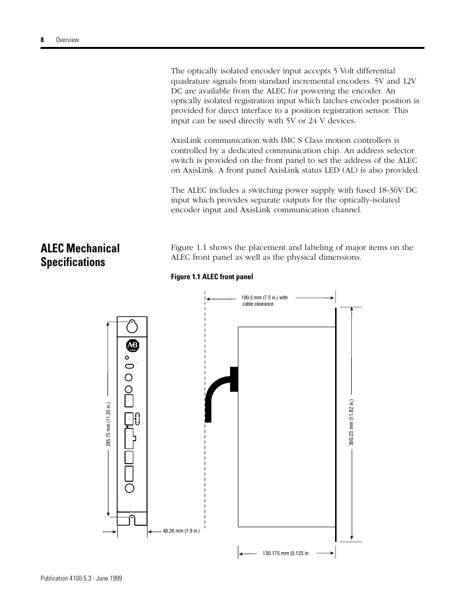 Alec mechanical specifications, Figure 1.1 alec front panel | Rockwell Automation 4100 ALEC AXIS LINK ENCODER CONVERTER User Manual | Page 16 / 61