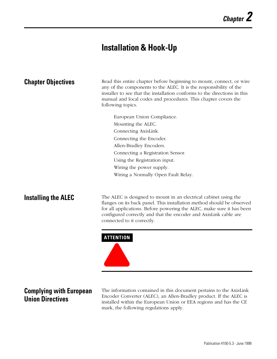 Installation & hook-up, Chapter | Rockwell Automation 4100 ALEC AXIS LINK ENCODER CONVERTER User Manual | Page 19 / 61