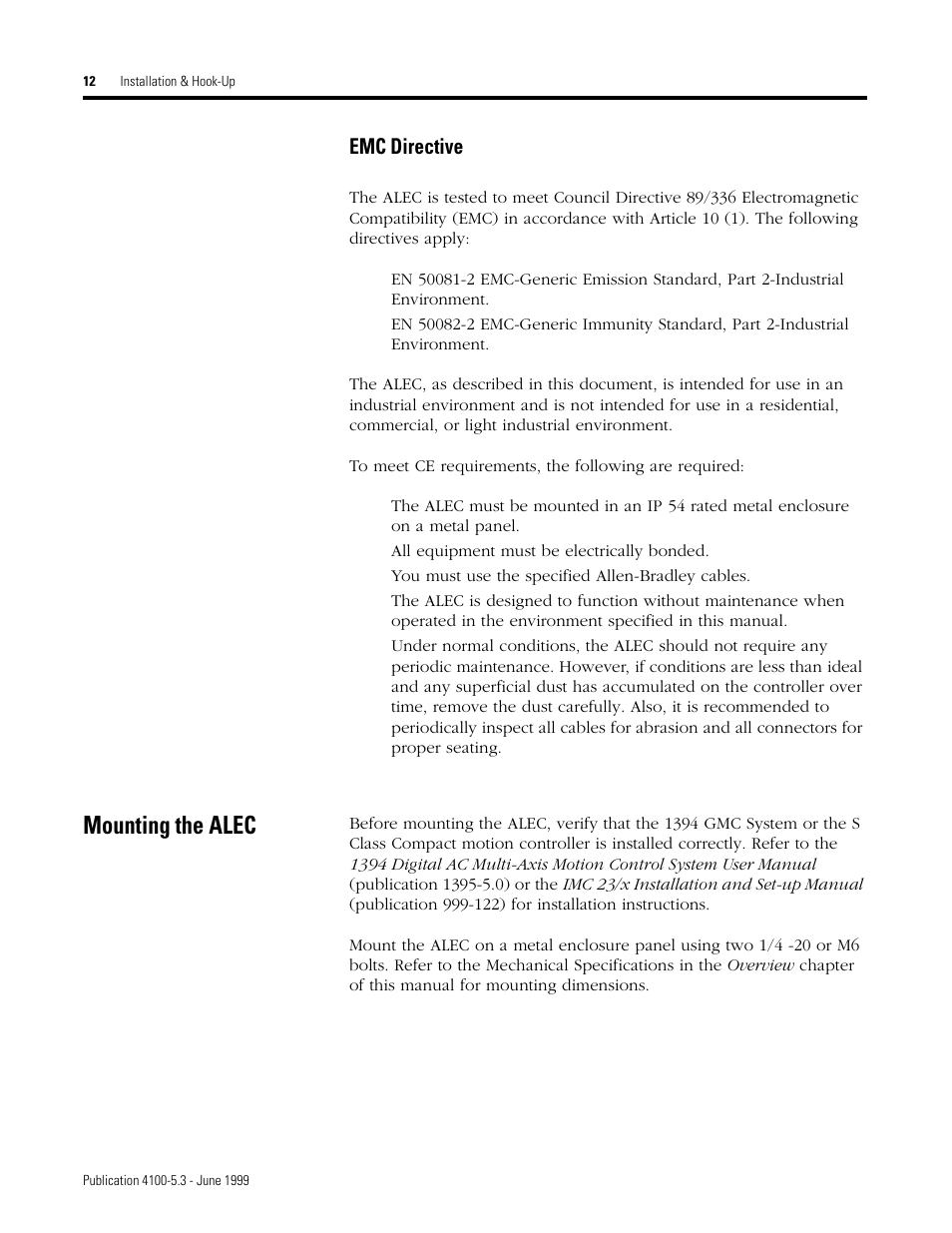 Mounting the alec, Emc directive | Rockwell Automation 4100 ALEC AXIS LINK ENCODER CONVERTER User Manual | Page 20 / 61