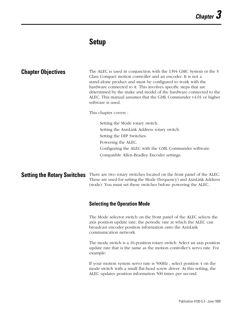 Setup, Chapter, Chapter objectives | Setting the rotary switches | Rockwell Automation 4100 ALEC AXIS LINK ENCODER CONVERTER User Manual | Page 35 / 61