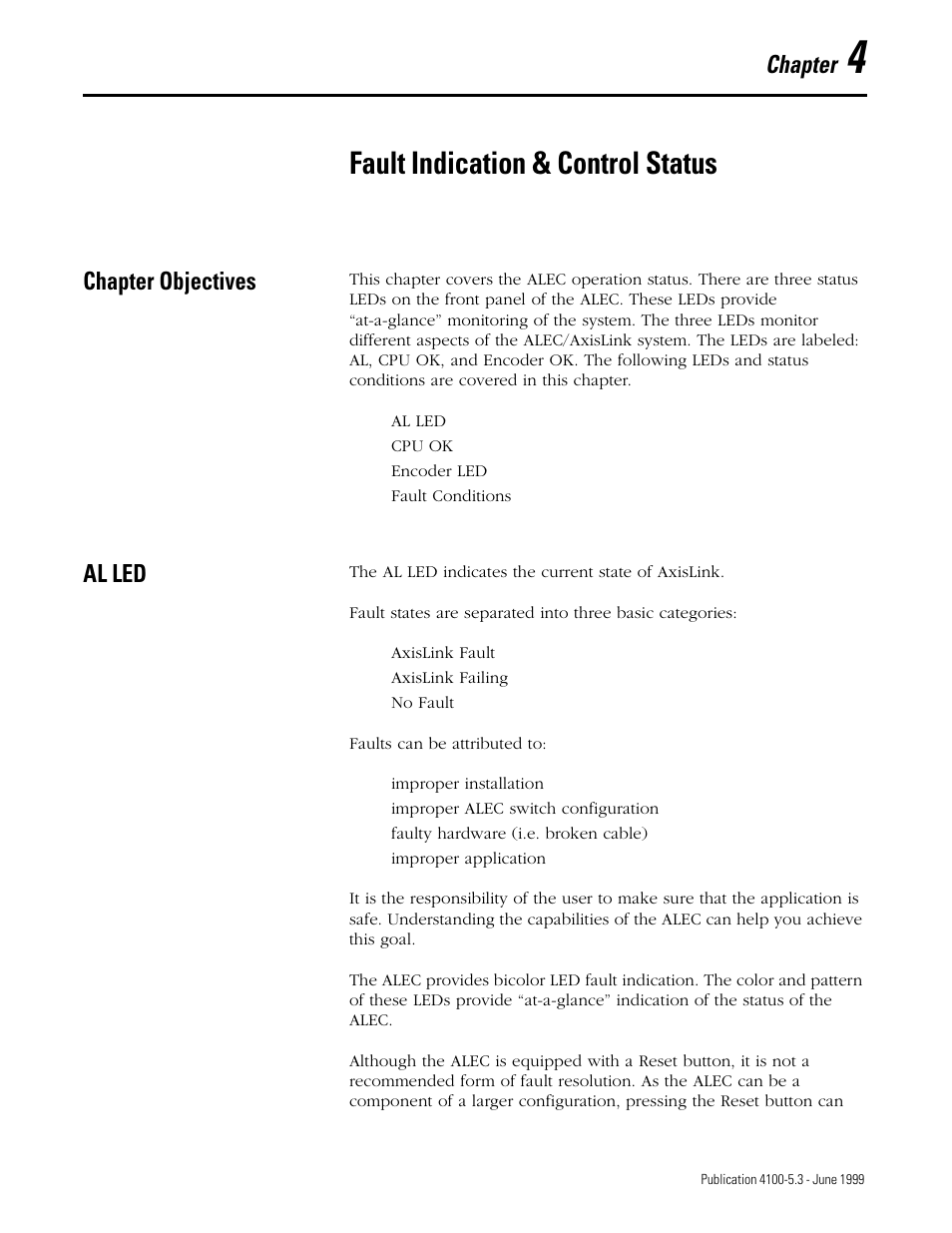 Fault indication & control status, Chapter, Chapter objectives | Al led | Rockwell Automation 4100 ALEC AXIS LINK ENCODER CONVERTER User Manual | Page 45 / 61