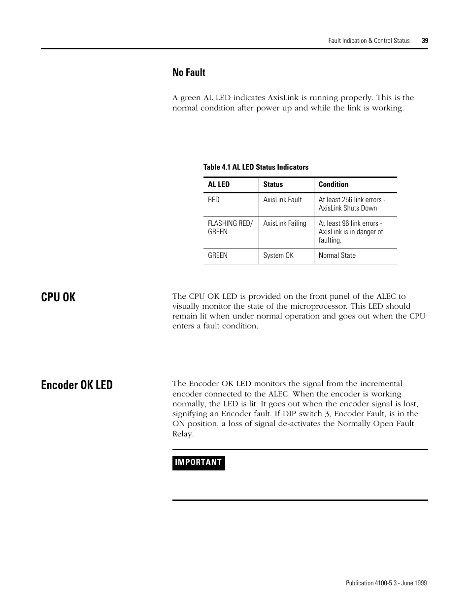 Cpu ok, Encoder ok led, No fault | Rockwell Automation 4100 ALEC AXIS LINK ENCODER CONVERTER User Manual | Page 47 / 61