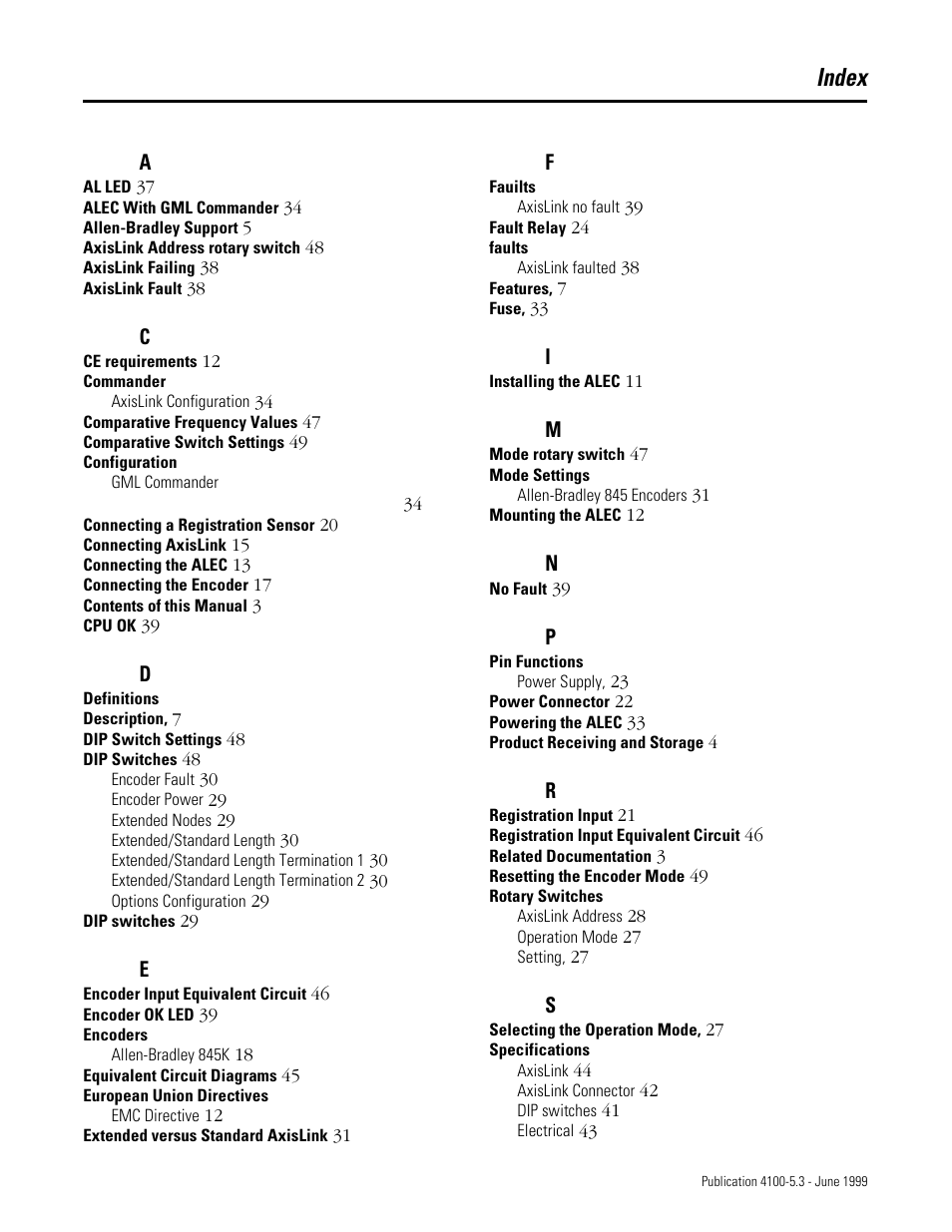 Index | Rockwell Automation 4100 ALEC AXIS LINK ENCODER CONVERTER User Manual | Page 59 / 61