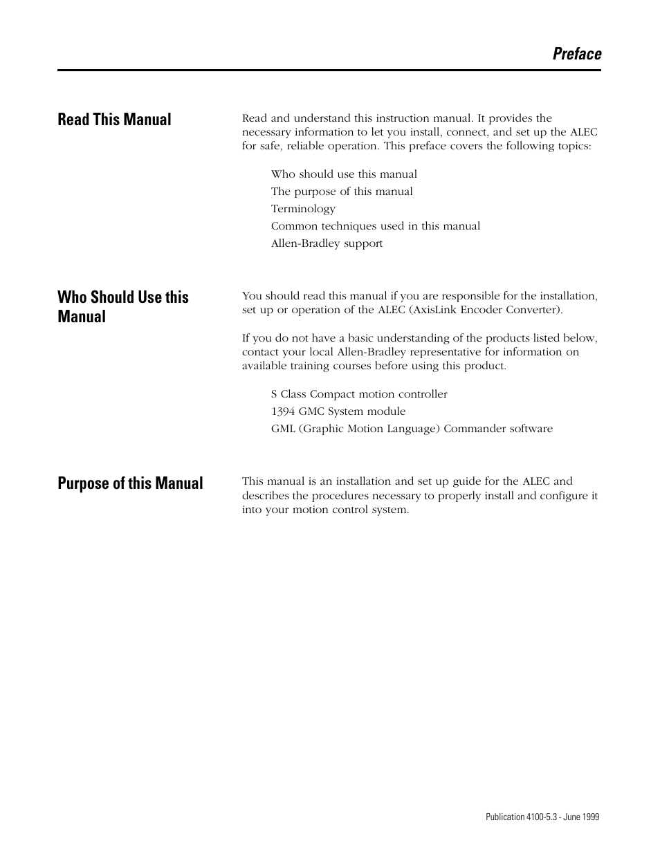 Preface, Read this manual, Who should use this manual | Purpose of this manual | Rockwell Automation 4100 ALEC AXIS LINK ENCODER CONVERTER User Manual | Page 9 / 61