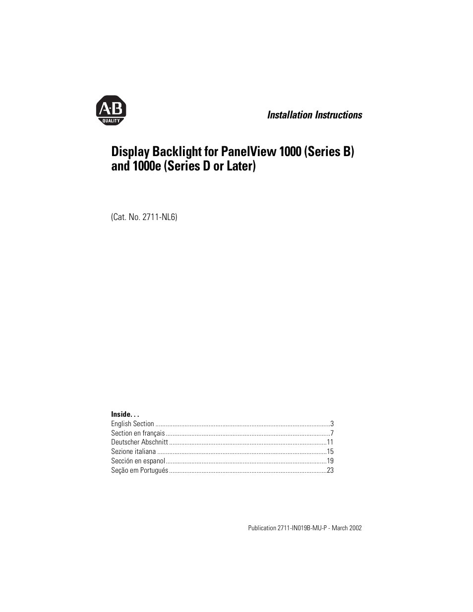 Rockwell Automation 2711-NL6 Display Backlight for PanelView 1000 (Series B) and 1000e (Series D) User Manual | 28 pages