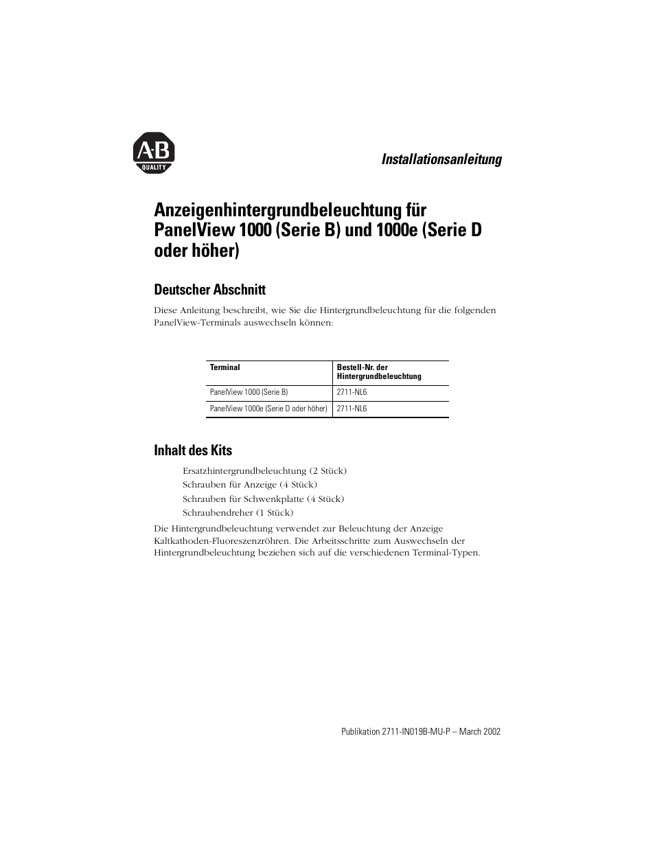 Deutscher abschnitt, Inhalt des kits, Installationsanleitung | Rockwell Automation 2711-NL6 Display Backlight for PanelView 1000 (Series B) and 1000e (Series D) User Manual | Page 11 / 28