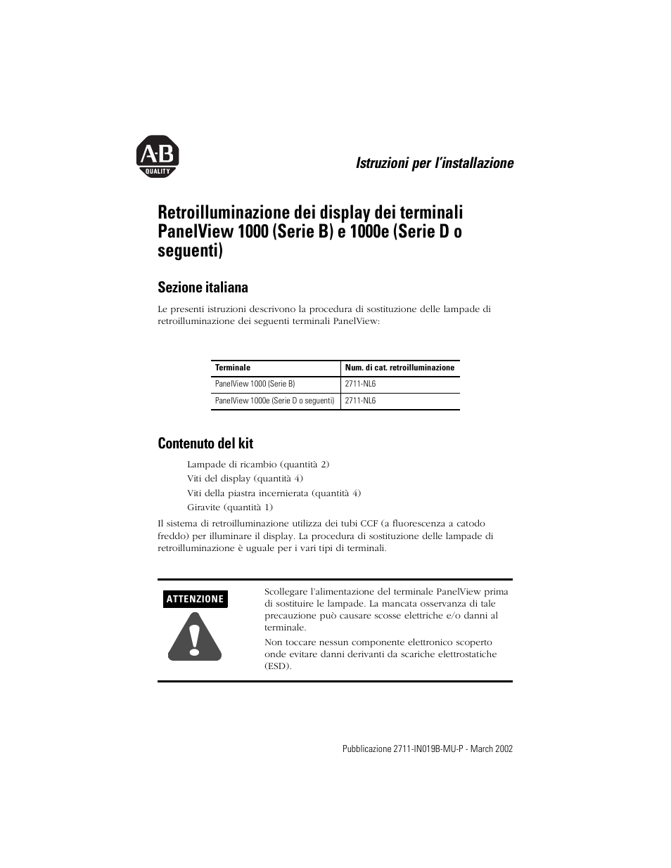 Sezione italiana, Contenuto del kit, Istruzioni per l’installazione | Rockwell Automation 2711-NL6 Display Backlight for PanelView 1000 (Series B) and 1000e (Series D) User Manual | Page 15 / 28