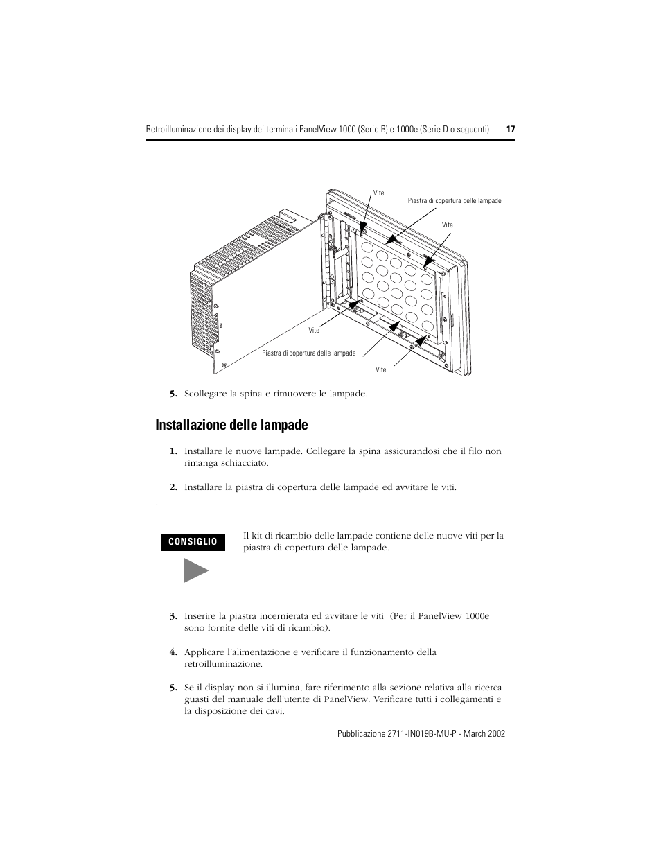 Installazione delle lampade | Rockwell Automation 2711-NL6 Display Backlight for PanelView 1000 (Series B) and 1000e (Series D) User Manual | Page 17 / 28