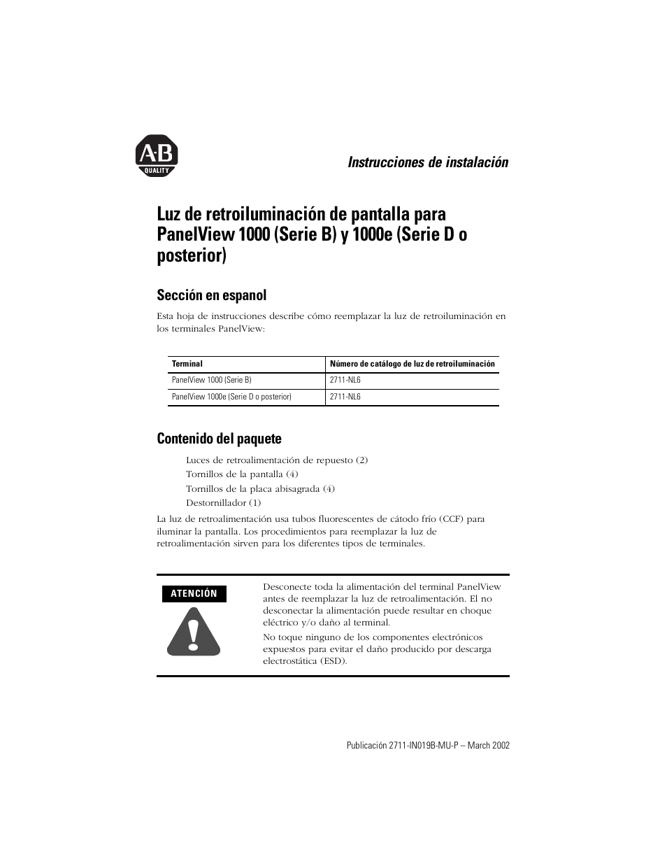 Rockwell Automation 2711-NL6 Display Backlight for PanelView 1000 (Series B) and 1000e (Series D) User Manual | Page 19 / 28
