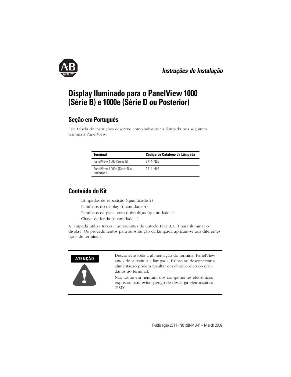 Seção em portugués, Conteúdo do kit, Instruções de instalação | Rockwell Automation 2711-NL6 Display Backlight for PanelView 1000 (Series B) and 1000e (Series D) User Manual | Page 23 / 28