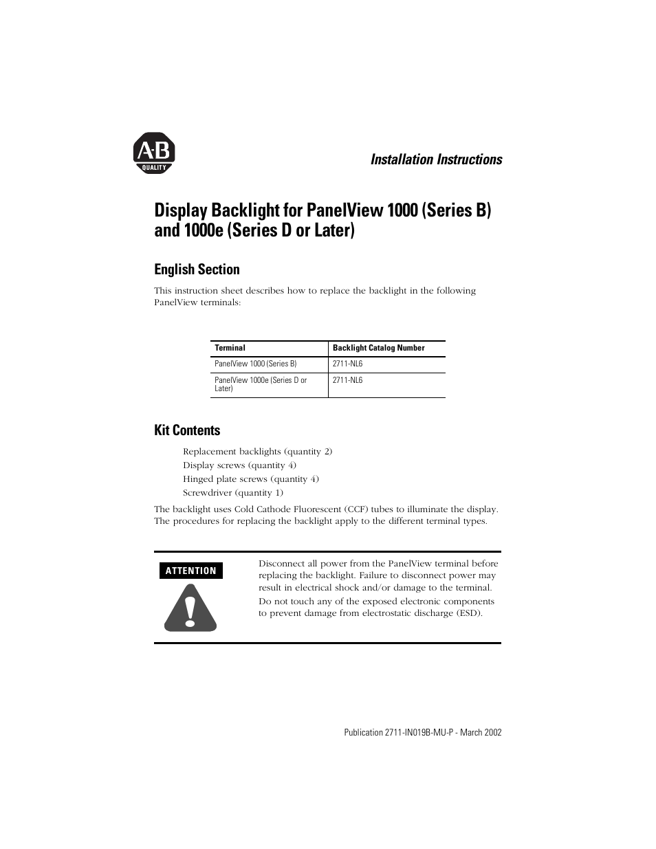 English section, Kit contents, Installation instructions | Rockwell Automation 2711-NL6 Display Backlight for PanelView 1000 (Series B) and 1000e (Series D) User Manual | Page 3 / 28