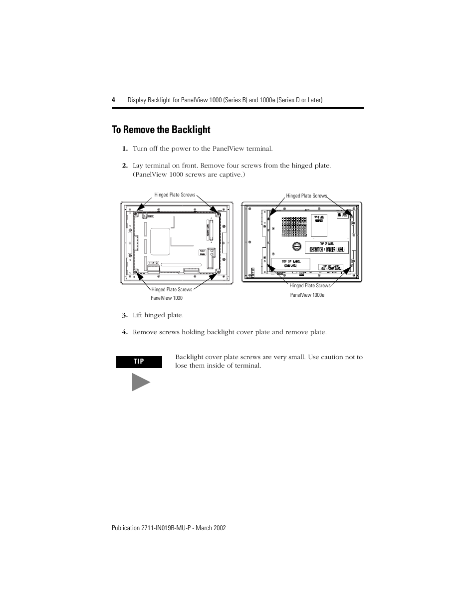To remove the backlight | Rockwell Automation 2711-NL6 Display Backlight for PanelView 1000 (Series B) and 1000e (Series D) User Manual | Page 4 / 28