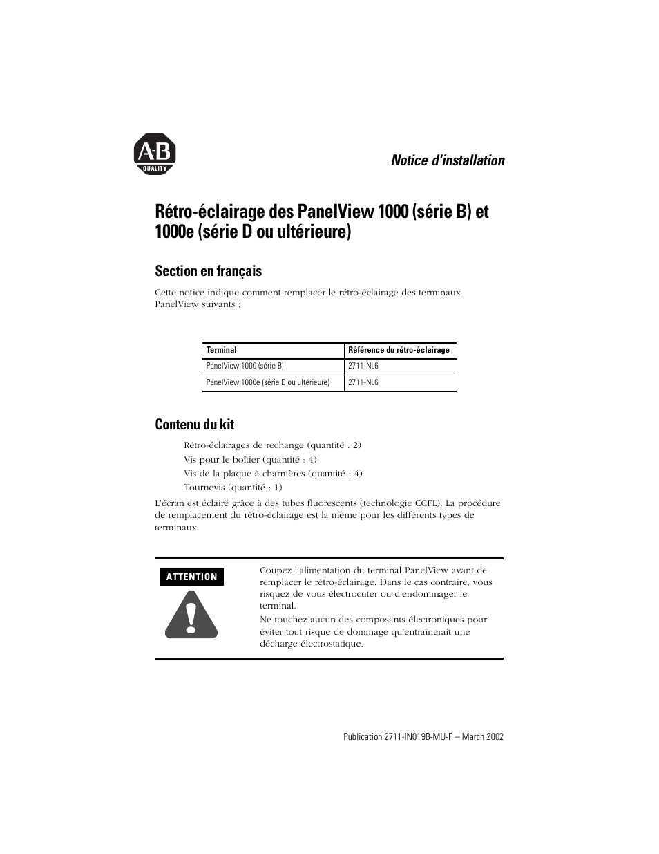 Section en français, Contenu du kit, Notice d'installation | Rockwell Automation 2711-NL6 Display Backlight for PanelView 1000 (Series B) and 1000e (Series D) User Manual | Page 7 / 28