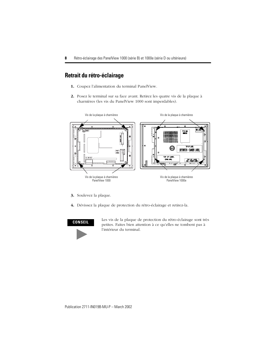 Retrait du rétro-éclairage | Rockwell Automation 2711-NL6 Display Backlight for PanelView 1000 (Series B) and 1000e (Series D) User Manual | Page 8 / 28