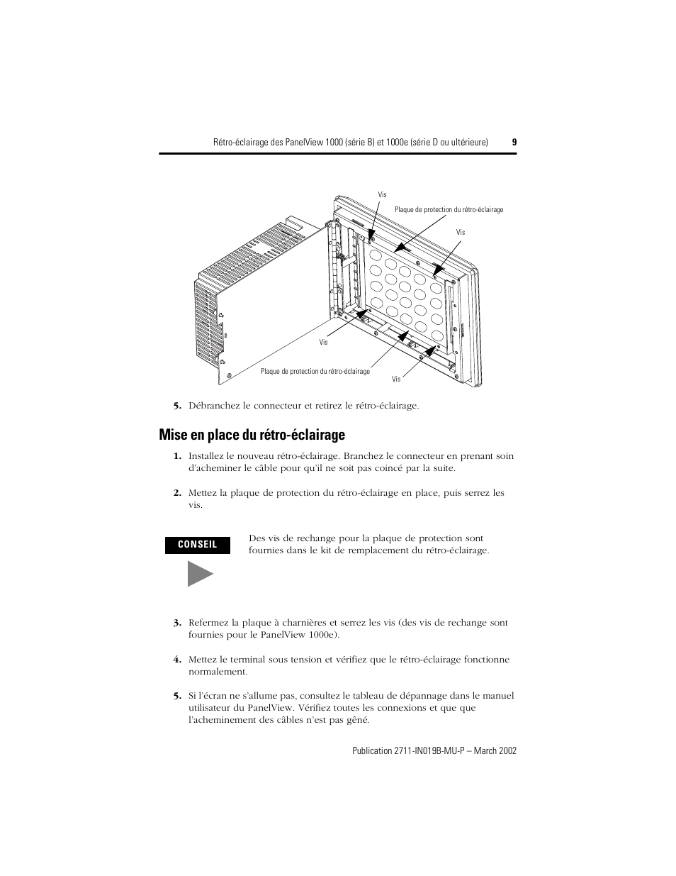 Mise en place du rétro-éclairage | Rockwell Automation 2711-NL6 Display Backlight for PanelView 1000 (Series B) and 1000e (Series D) User Manual | Page 9 / 28