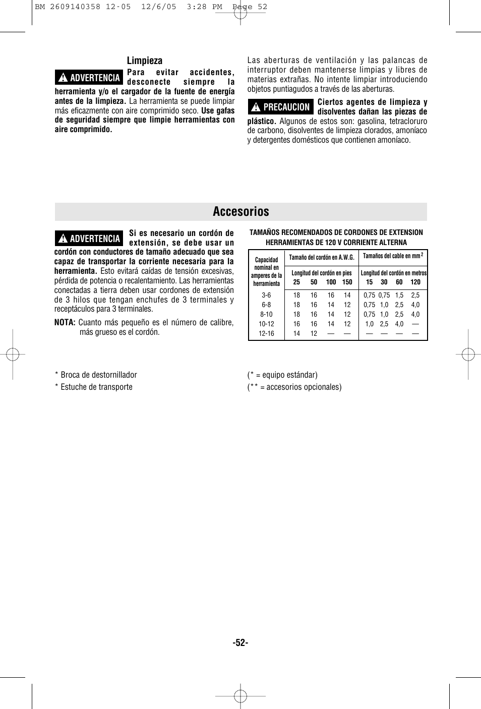 Accesorios, Limpieza, Precaucion | Advertencia | Bosch 23618 User Manual | Page 52 / 56