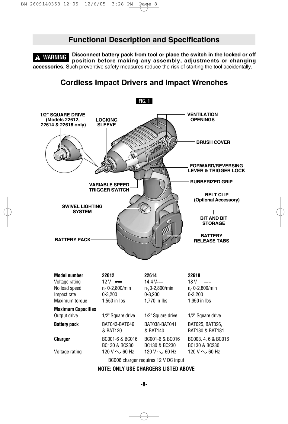 Functional description and specifications, Cordless impact drivers and impact wrenches, Warning | Bosch 23618 User Manual | Page 8 / 56