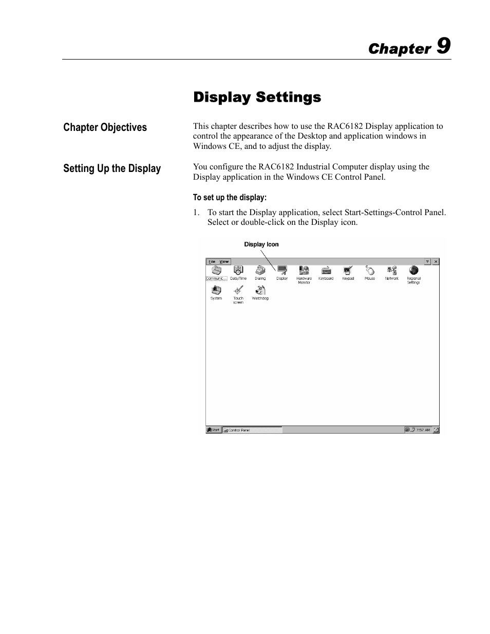 9 - display settings, Display settings, Chapter | Rockwell Automation 6182 Industrial Computer for the Windows CE Operating System User Manual | Page 103 / 160