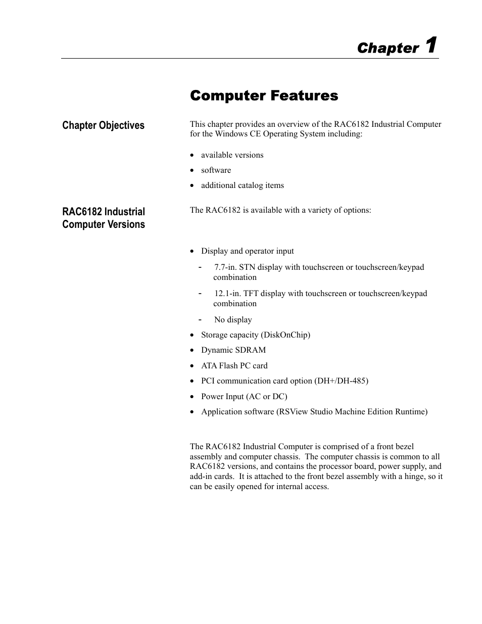 1 - computer features, Computer features, Chapter | Rockwell Automation 6182 Industrial Computer for the Windows CE Operating System User Manual | Page 11 / 160