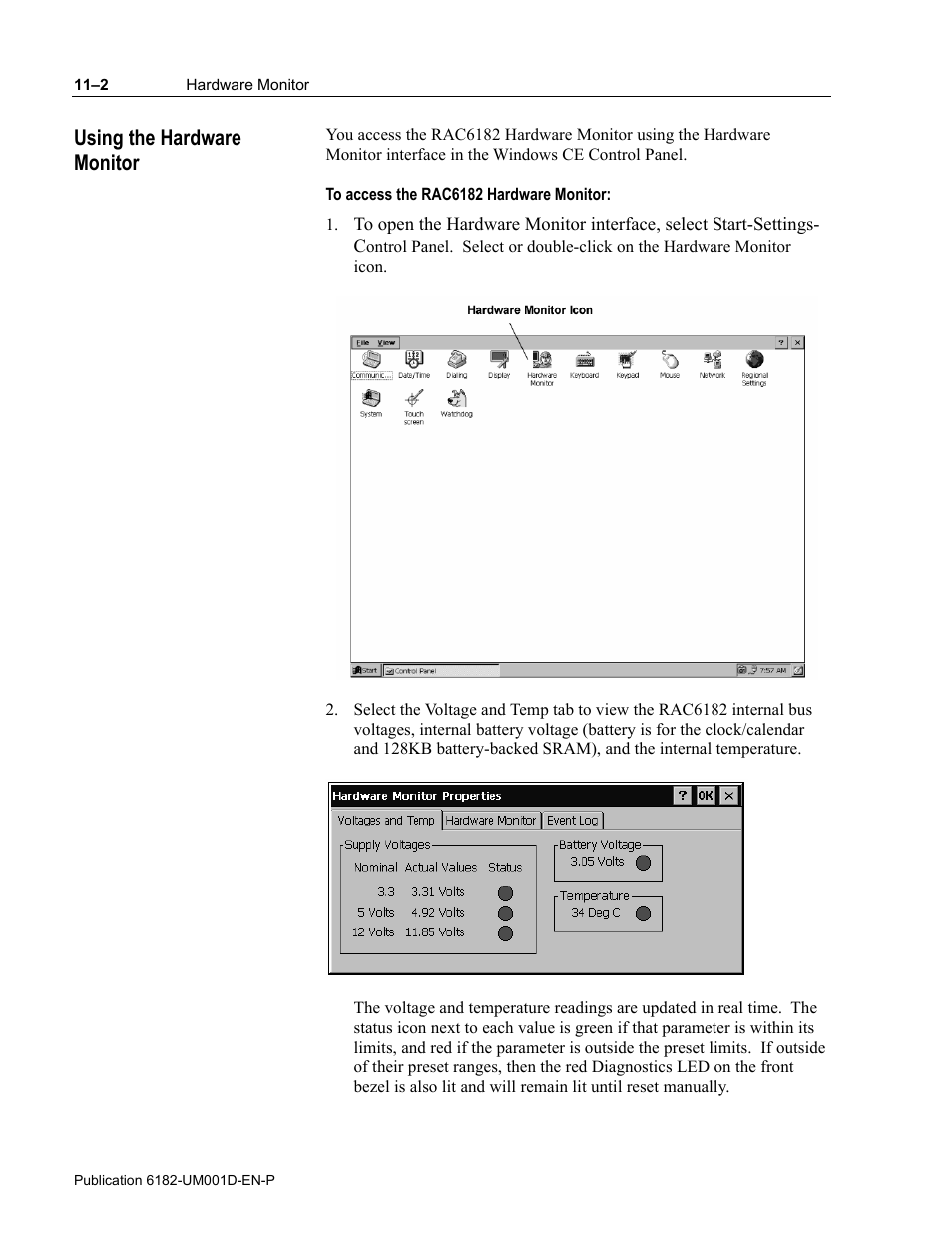 Using the hardware monitor | Rockwell Automation 6182 Industrial Computer for the Windows CE Operating System User Manual | Page 112 / 160