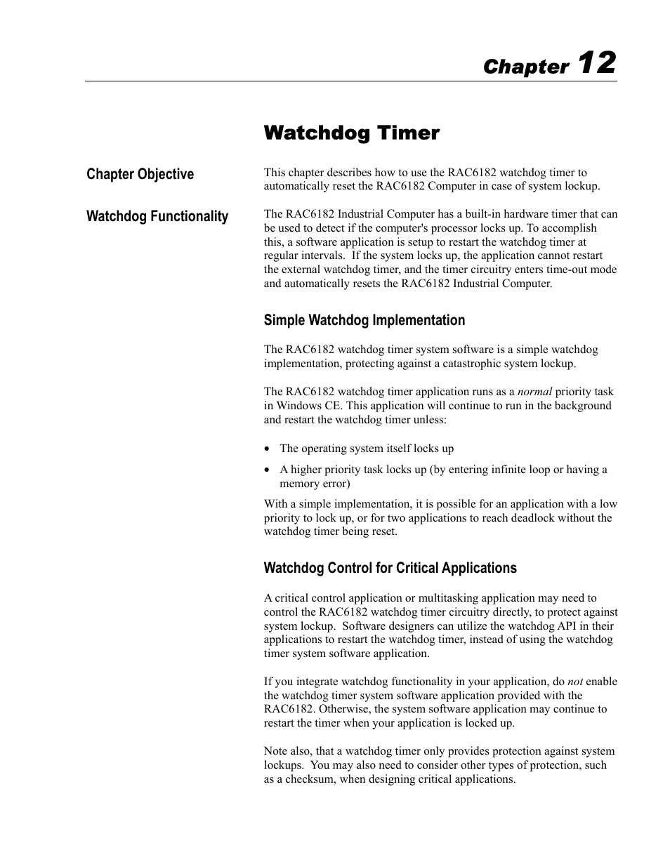 12 - watchdog timer, Watchdog timer, Chapter | Rockwell Automation 6182 Industrial Computer for the Windows CE Operating System User Manual | Page 115 / 160