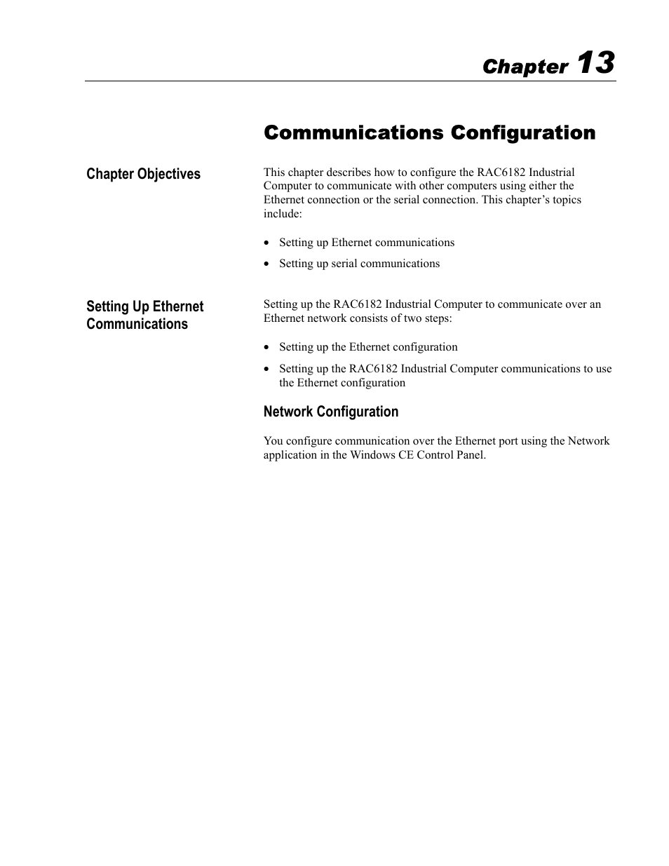 13 - communications configuration, Communications configuration, Chapter | Rockwell Automation 6182 Industrial Computer for the Windows CE Operating System User Manual | Page 119 / 160