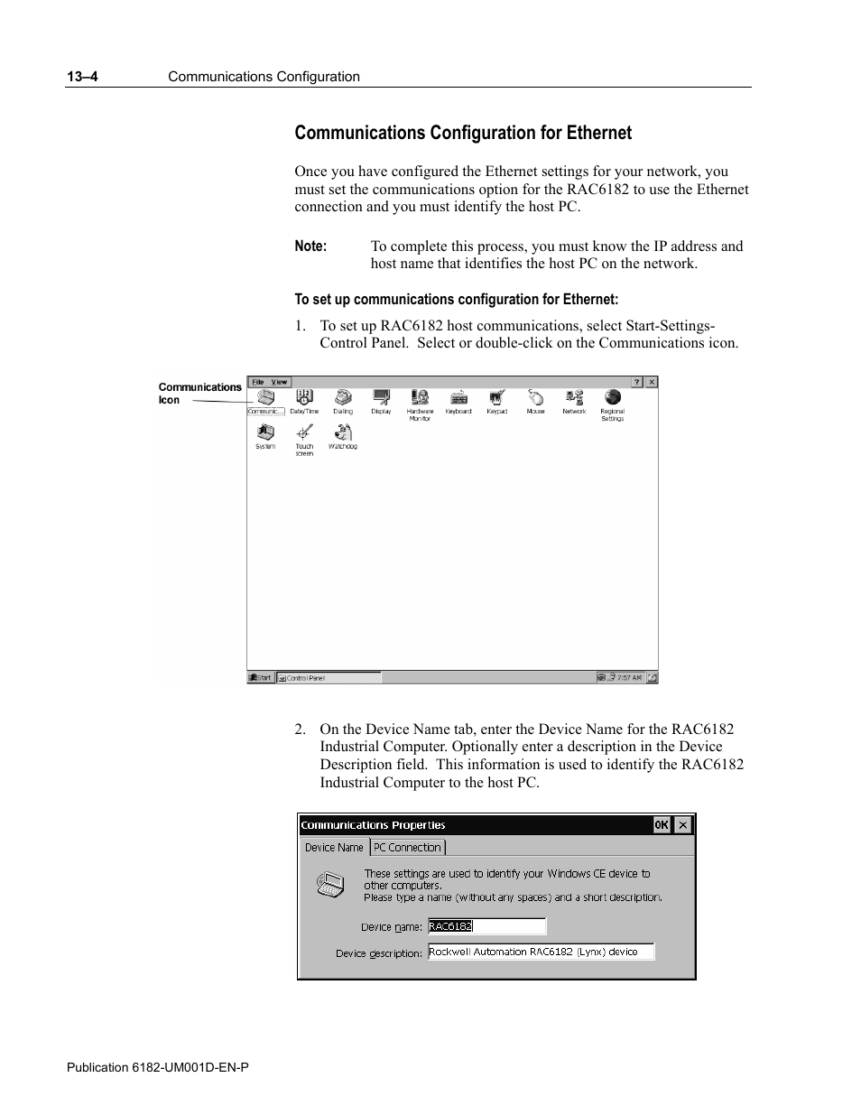 Communications configuration for ethernet | Rockwell Automation 6182 Industrial Computer for the Windows CE Operating System User Manual | Page 122 / 160