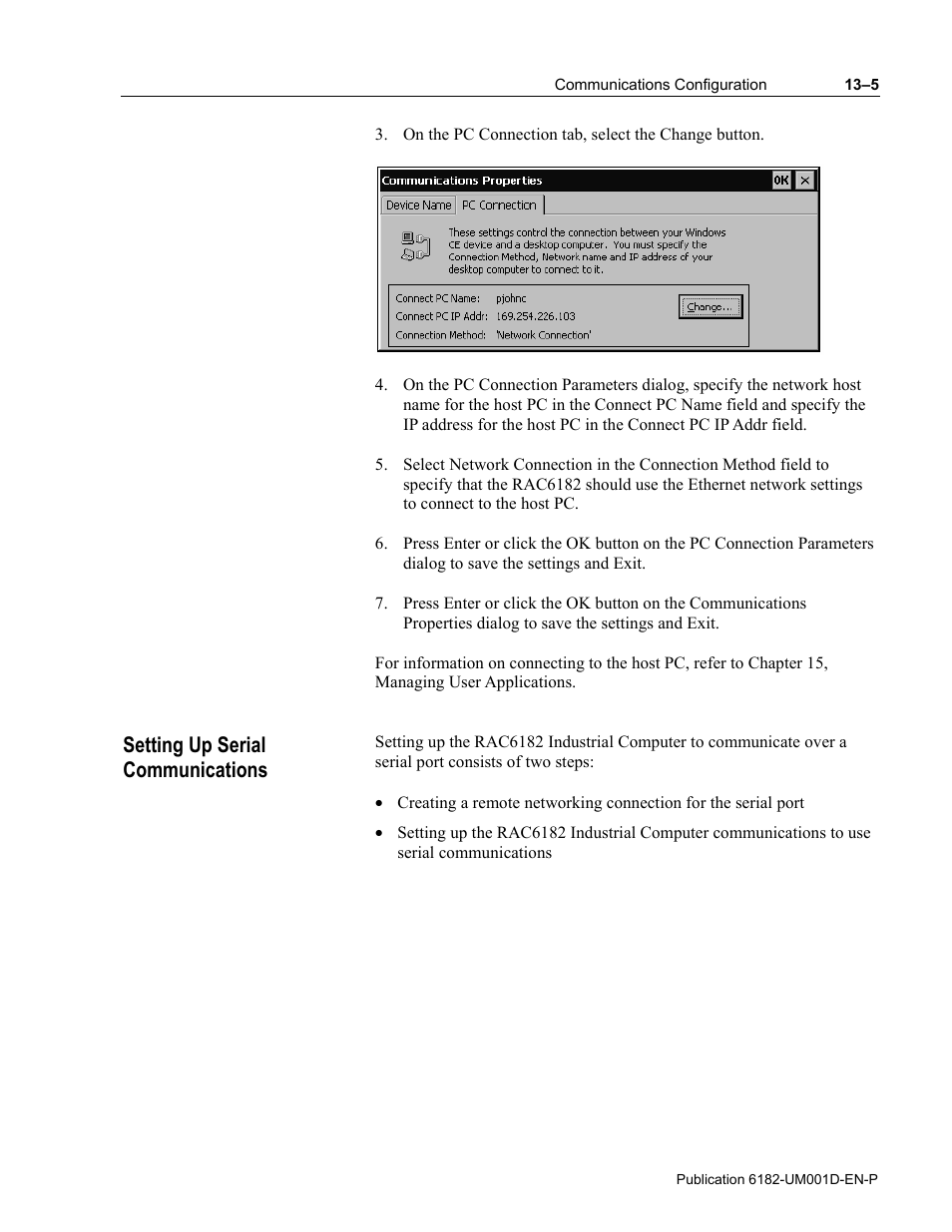 Setting up serial communications | Rockwell Automation 6182 Industrial Computer for the Windows CE Operating System User Manual | Page 123 / 160