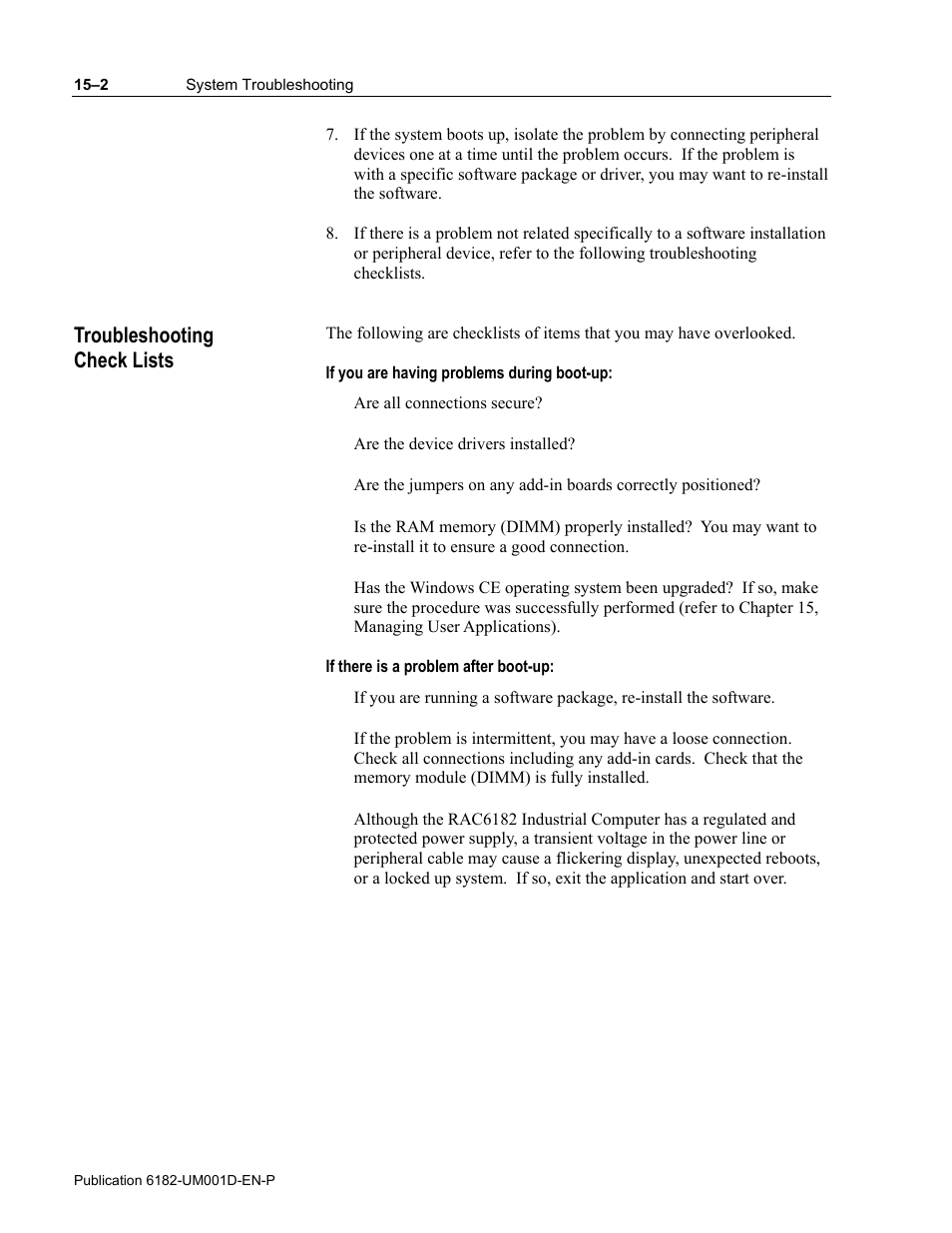 Troubleshooting check lists | Rockwell Automation 6182 Industrial Computer for the Windows CE Operating System User Manual | Page 132 / 160